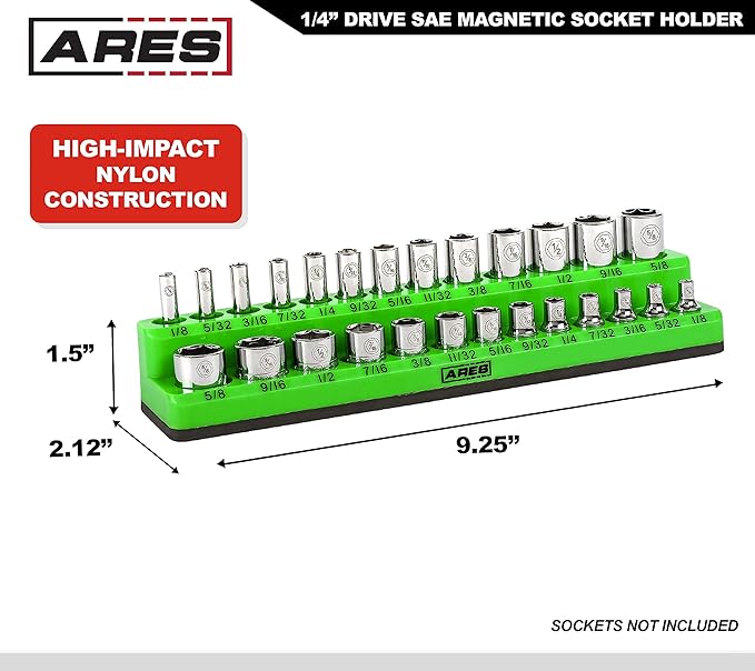 ARES 60005-26-Piece 1/4 in SAE Magnetic Socket Organizer -GREEN -Holds 13 Standard (Shallow) and 13 Deep Sockets -Perfect for your Tool Box -Also Available in RED