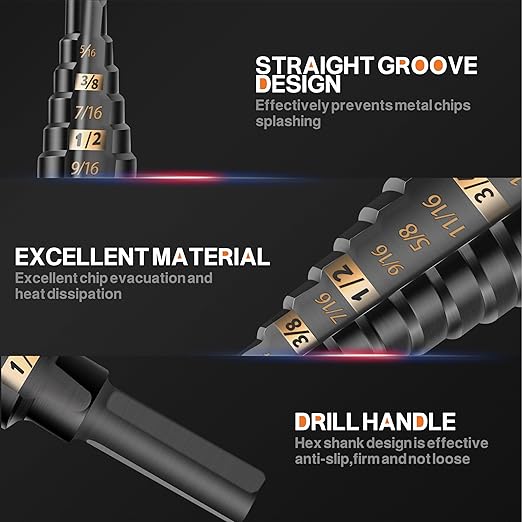 KSEIBI 598240 Industrial Grade Unibit 5-Pieces Step Drill Bits Set 3-Flat Shank, High-Speed Steel Metal Drill Bits Kit Black Oxide M2 for Drilling Stainless Steel, Aluminium, Wood