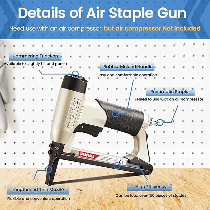 meite Upholstery Staple Gun with Extended Nose for 21 Gauge 1/2-Inch Crown Staples, Heavy-Duty Pneumatic Stapler for Woodworking, Carpentry, and Decoration DIY Projects (Model MT8016LN)