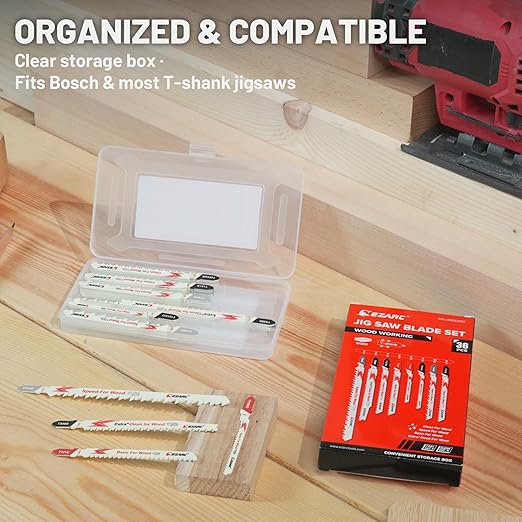 EZARC 36pcs Jig Saw Blade Set for Wood Cutting, Assorted T-Shank Jigsaw Blades with Storage Case, Fast Smooth Curve Cuts for Woodworking