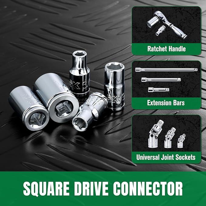 SK 1/4" Drive Socket Set, SAE Sockets, 10-Piece 3/16" to 9/16 ", SuperKrome Finish, Premium CR-V Construction, with Aluminum Socket Organizer