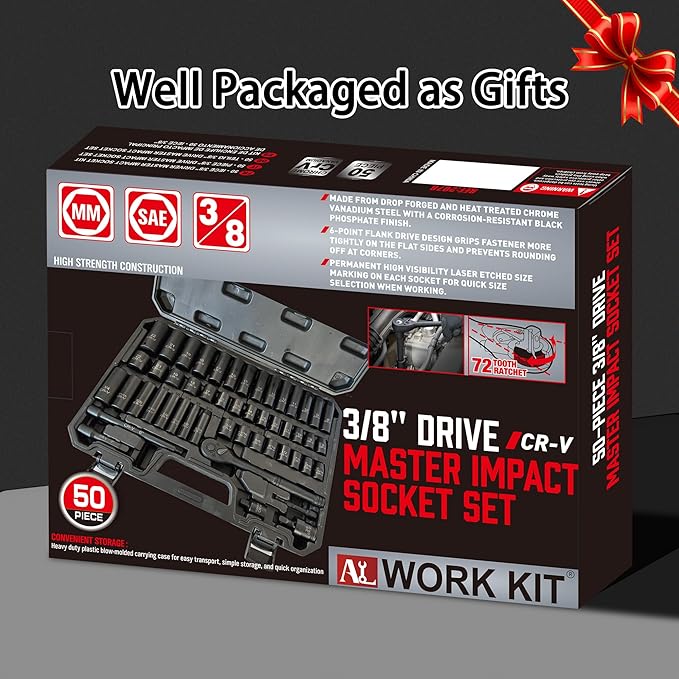3/8" Drive Impact Socket Set 50-Piece, SAE (5/16-3/4) & Metric (8-22mm), Deep & Shallow with 3/8-Inch Ratchet Handle, 6 Points,Cr-V, Extension Bars, Universal Joint, Gift for Men