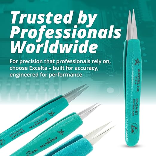 Excelta 00-SA-ET Stainless Steel Precision Tweezers, Straight Medium Point, Anti-Magnetic, ESD-Safe, Heat-Resistant, Anti-Static, Ergonomic, Professional-Grade for Lab, Electronics, Medical & Crafting