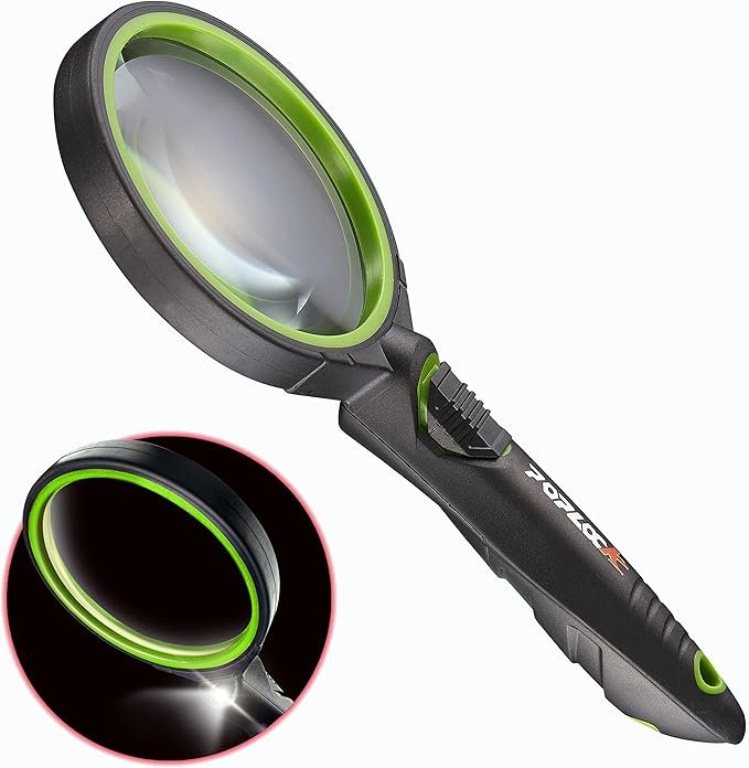 POPLock Magnifying Glass with Light, 5X Optical Lens, Concave Convex Design for Close Work, Green