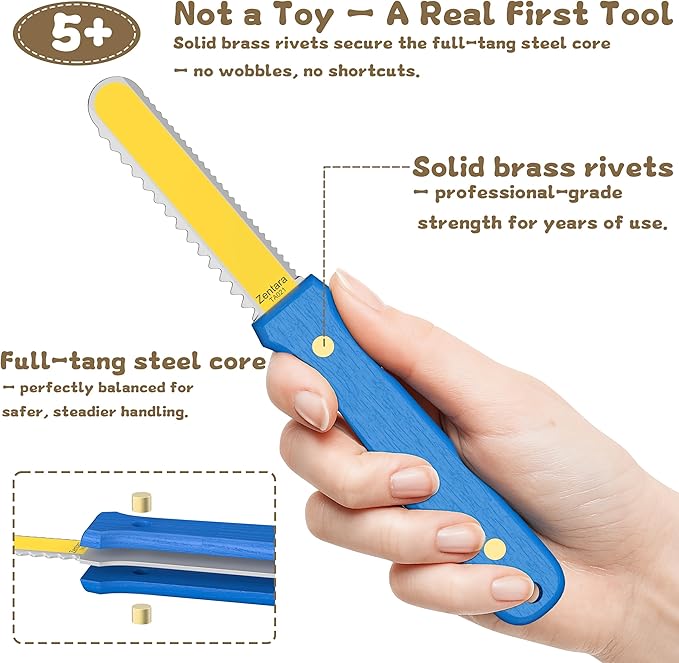 Zentara Kids Cardboard Cutter with Wooden Handle ??Safe Serrated Craft Knife with Rounded Tip, Brass Rivets & Full-Tang Steel Core ??420J2 Stainless Steel ??Ages 5+ DIY Projects