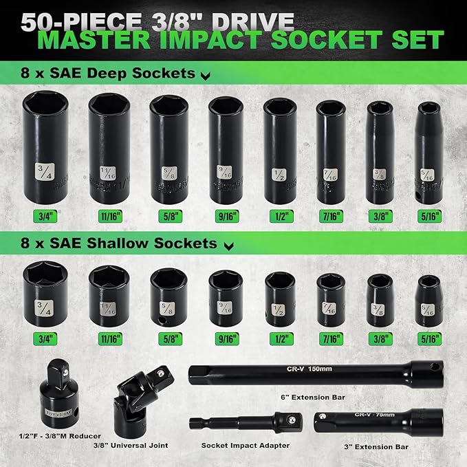 3/8" Drive Impact Socket Set, 50 Piece Standard SAE (5/16 to 3/4 inch) and Metric (8-22mm) 6 Point, Extension Bars, Impact Universal Joint, Adapter, Cr-V Steel