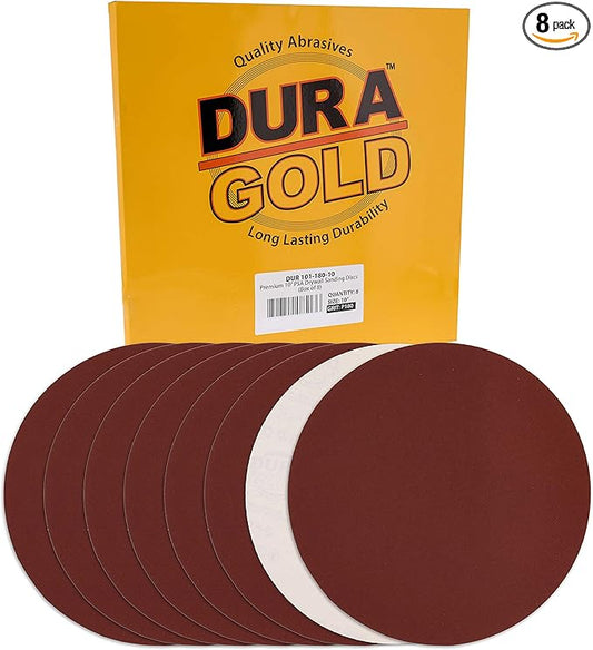 Dura-Gold Premium 10" Sanding Discs - 180 Grit (Box of 8) - Sandpaper Discs with PSA Self Adhesive Stickyback, Fast Cutting Aluminum Oxide Abrasive - Drywall, Floor, Woodworking, Automotive, Sander