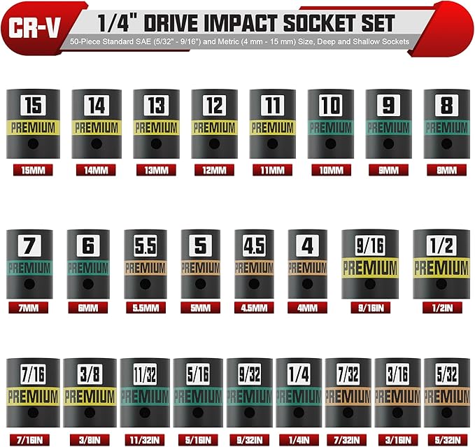 1/4" Drive Impact Socket Set, 50-Piece Standard SAE (5/32" - 9/16") and Metric (4 mm - 15 mm) Size, Deep and Shallow Sockets, Cr-V Steel, 6 Point, Auto Repair Bicycle Maintenance