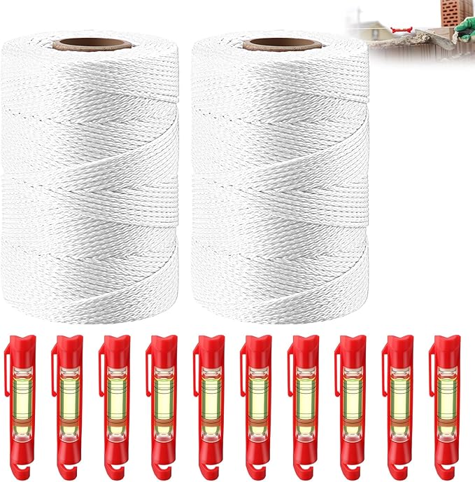 2 Pack #18 500 ft Mason Line String & 10 Pack Built-in Levels, String Level Line Kit for DIY, Gardening Work, Construction Twine Outdoor Projects Layout Brick Working (Fluorescent White)