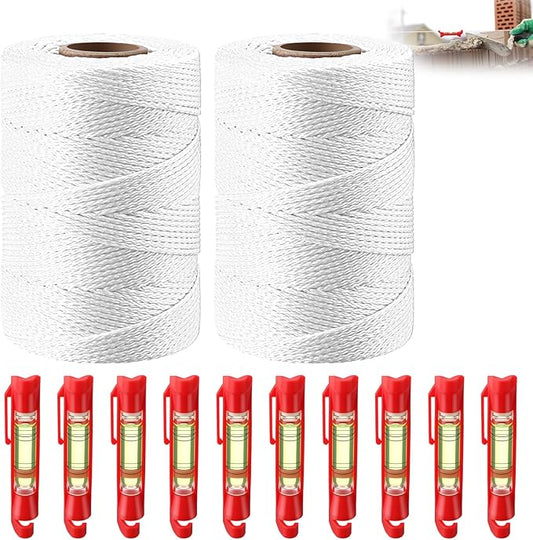 2 Pack #18 500 ft Mason Line String & 10 Pack Built-in Levels, String Level Line Kit for DIY, Gardening Work, Construction Twine Outdoor Projects Layout Brick Working (Fluorescent White)