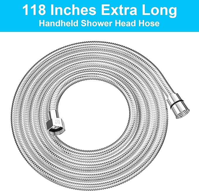 118" Shower Hose, Extra Long 304 Stainless Steel Handheld Shower Head Hose Extension/Replacement, Flexible & Durable, G1/2 Universal Insert & Nut