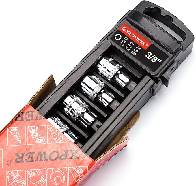 MAXPOWER 9-Piece 3/8 Inch E-Torx Star Socket Set - E7, E8, E10, E11, E12, E14, E16, E18, E20