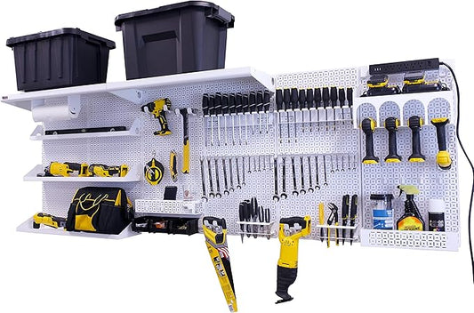 OmniWall Weekend Warrior Ultimate Tool Kit-96" x 32" Metal Pegboard Wall Storage System White/White