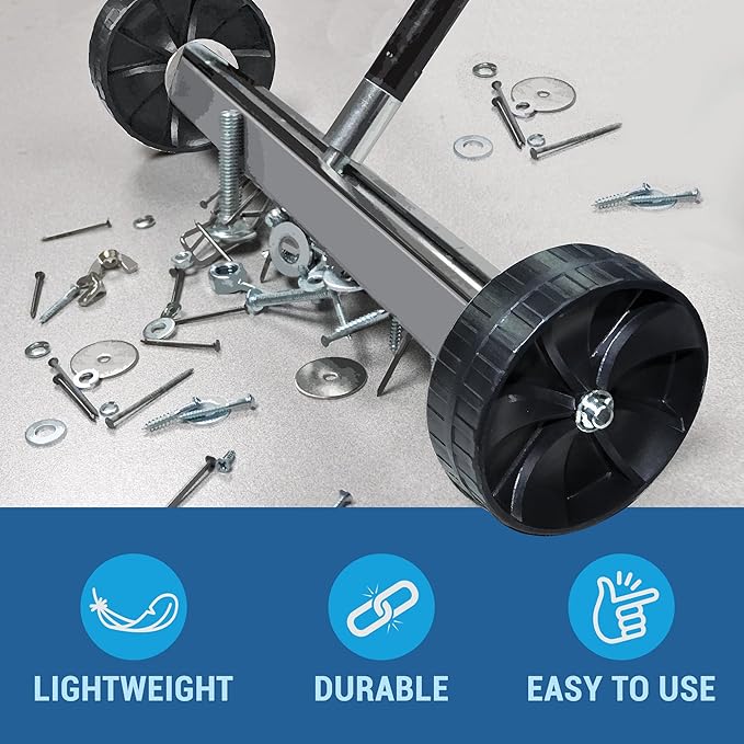 Quick-Release Rolling Magnetic Sweeper, Proudly Made-in-the-USA, 26-Inch Nail Magnet Sweeper on 4-inch Poly Wheels, for Easy Metal Debris Clean-Up. Roofing Edition. Handle sold seperately!