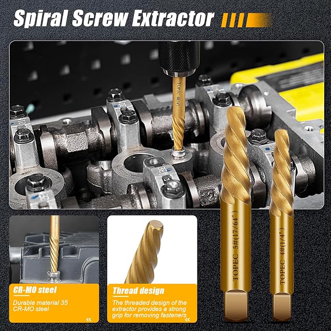 TOPEC Small Screw Extractor Set, 13 PCS Stripped Screw Removal Tool, HSS 6542 Easy Out Kit for Damaged, Broken Fasteners, Gifts for Men (Golden)