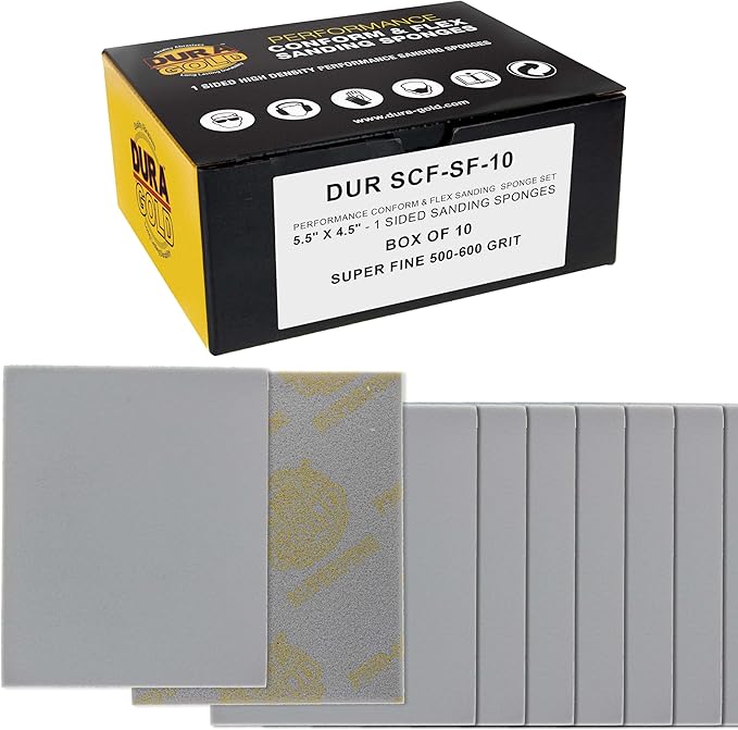 Dura-Gold Superfine Cut Sanding Sponges, Box of 10-5.5" x 4.5" (500 to 600 Grit) Performance Conform & Flex Wet or Dry Flexible Softback Sandpaper Sponges, Hand Block - Wood Drywall Metal Auto Paint