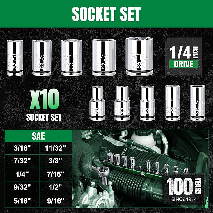 SK 1/4" Drive Socket Set, SAE Sockets, 10-Piece 3/16" to 9/16 ", SuperKrome Finish, Premium CR-V Construction, with Aluminum Socket Organizer