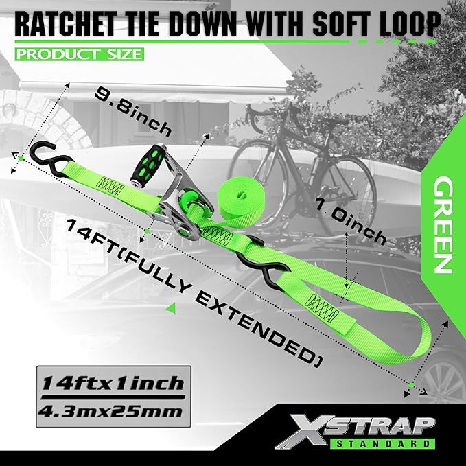 XSTRAP STANDARD 1in x 14ft Ratchet Straps with Ergonomic Aluminium Alloy Handle and Coated S-Hooks - 500 lb. Working Load Limit / 1,500 lb. Breaking Strength - Green, 8PK