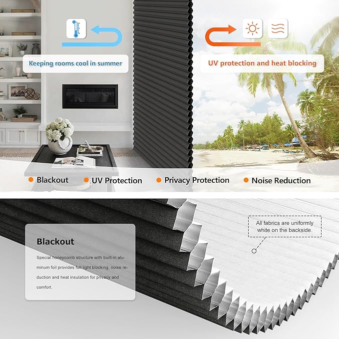 LazBlinds No Tools No Drill Cordless Cellular Shades, Top Down Bottom Up (TDBU) Honeycomb Shades for Home, Blackout Light Blocking Thermal Insulation Blinds for Windows, 36" W x 64" H, Black
