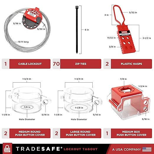 TRADESAFE Lockout Tagout Kit - 95 Lock Out Tag Out Devices, Loto Locks, Safety Tags, Breaker Lockout, Cable Lock, Valve Lock Out, Emergency Stop Button Cover, Plug Lock, Hasps, Lock Out Bag, Tool Bags