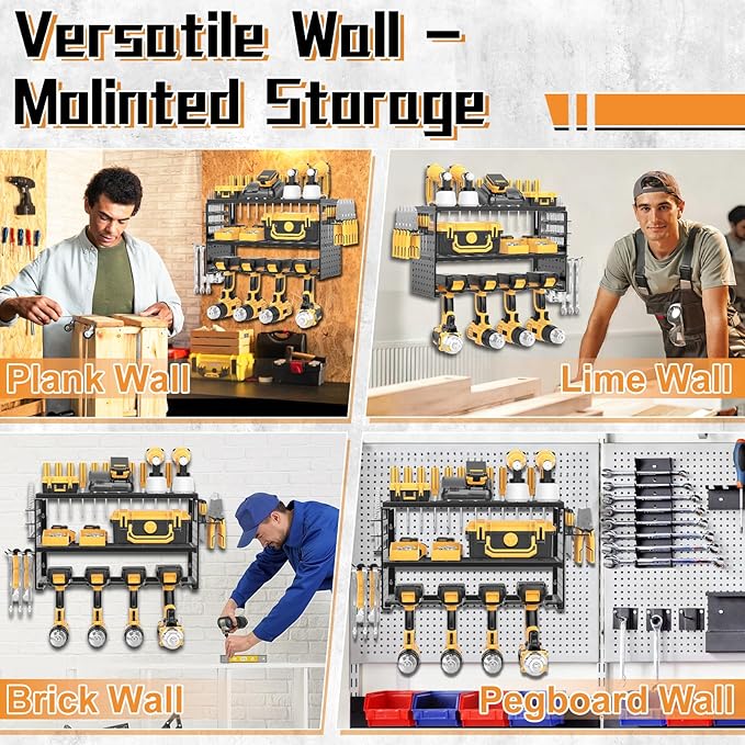 Power Tool Organizer Wall Mount, Heavy Duty 150Lbs Load Capacity with 4 Drill Holders,3 Layer Utility Shelf for Garage Storage and Workshop Organization(Black)