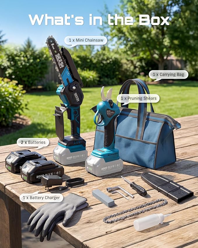 SEESII Mini Chainsaw & Electric Pruning Shears Combo, 6-inch Brushless Handheld Power Chain Saw, 1.2??Cutting Cordless Pruner for Tree Trimming, Tools Kit with 2x2000mAh Batteries, Fast Charger