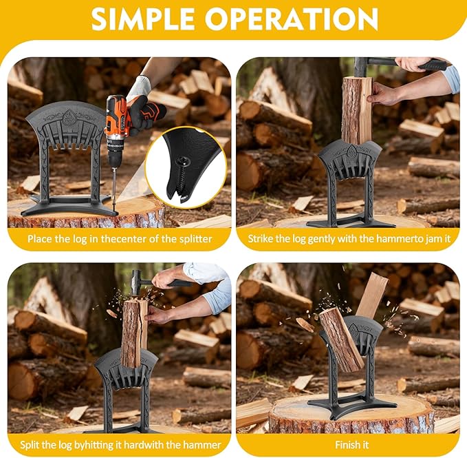 Kindling Splitter for Wood,One-Piece Molding Cast Iron Log Splitter,Manual Wood Splitter with 3 Lbs Sledge Hammer,Firewood Splitter Tool（Medium-Sized）