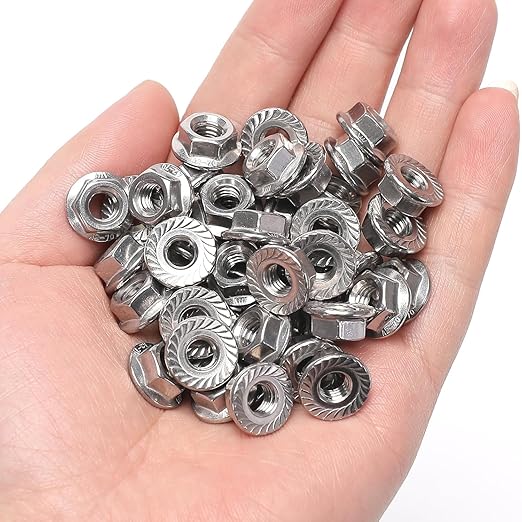 50 Pieces 1/4-20 Flange Nuts, 1/4-20 Serrated Hex Flange Lock Nuts, 304 Stainless Steel,Plain Finish