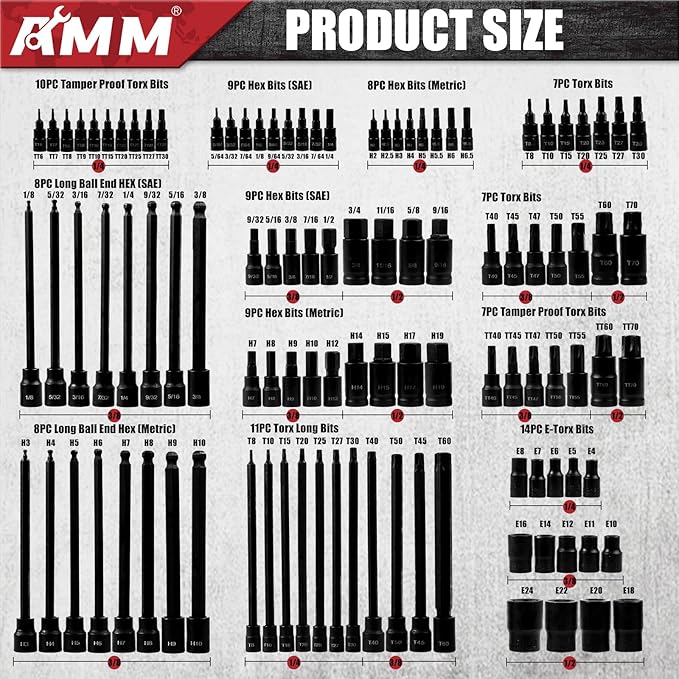 AMM 107PCS Allen and Torx bit socket set, 1/4", 3/8" and 1/2" Drive,Extra long torx/Tamper proof torx/Hex/Ball End Hex,SAE/Metric socket set, S2 Alloy steel bits