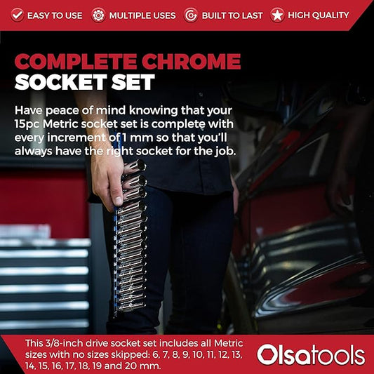 Olsa Tools Metric Deep Socket Set - 3/8-Inch Drive, 15pc - 6-Point Chrome Sockets from 6mm–20mm and No Skipped Sizes - Mechanic Deep Metric Socket Set - Professional Grade Long Sockets - Part: 1316