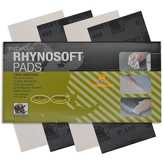 Indasa Rhynosoft Foam Sanding Pads - 4.5" x 5.5",Hook and Loop,180 Grit, Plusline, Flexible, Tear-Resistant, Ideal for Automotive, Wood, & Finishing (Pack of 20 Pads)