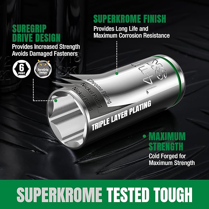 SK 1/2" Drive Socket Set with 160-P Ratchet, 31-Piece, Metric, SuperKrome Finish, Premium CR-V Construction, with EVA Foam Tool Organizer