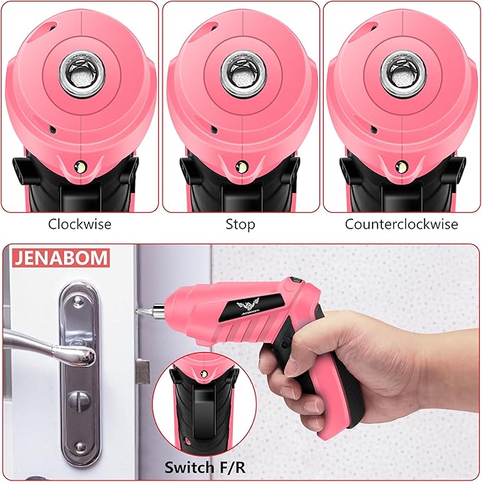Cordless Electric Screwdriver Set 3.6V Rechargeable Small Power Drill, 3Nm Screw Gun with 2 Position Handle, LED Light, 14 in 1 Driver Bit Set, Pink & Black