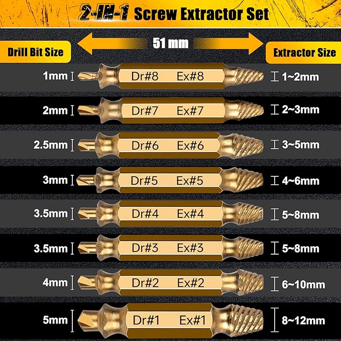 Topec Damaged Screw Extractor Set 8Pcs, HSS 4341 Easy Out Screw Extractor Set, Stripped Screw Extractor for Easy Removal of Stripped, Rusty, Broken Hardware, Christmas Gifts for Men, Husband (Gold)