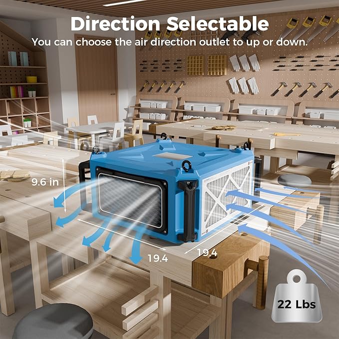 ALORAIR Hanging 270째 Intake Air Filtration Systems Woodworking Remote Control, 2 Stage Air Flow(780/1080CFM) Strong Vortex Fan, Ceiling Mounted Dust Collector for Garage, Work Shop, Purecare 1080