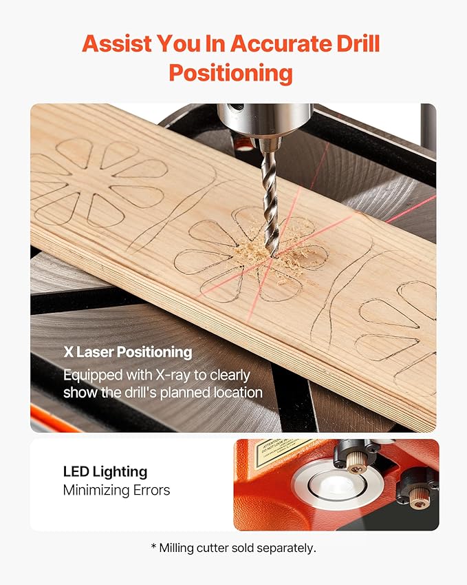 VEVOR 12-Inch Benchtop Drill Press, 6.2 Amp, 1 HP Bench Drill Press, 530 to 3140 RPM Variable Speed, 0-45째 Tilting Worktable, with Laser and LED Work Light, Tabletop Drilling Machine, for Wood Metal