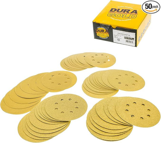 Dura-Gold Premium - Variety Pack - 5" Gold Sanding Discs - 8-Hole Dustless Hook and Loop - 10 Each of Grit (60, 80, 120, 220, 320) - Box of 50 Sandpaper Finishing Discs for Woodworking or Automotive
