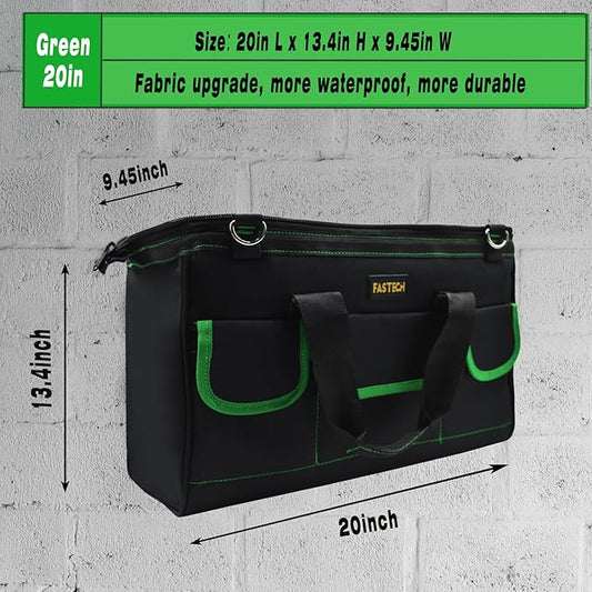 FASTECH 20 Inch Tool Bag With Comfortable Shoulder Straps, Waterproof Wide Mouth Tool Kit, Large Tool Bag Tool Storage Package For Men/Women (20IN Green)