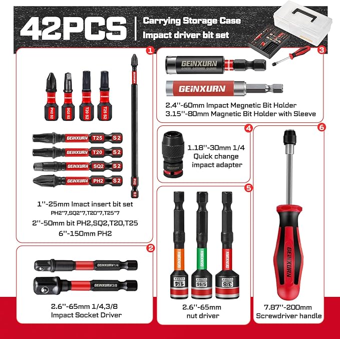42Pcs Impact Screwdriver Set,Impact Screwdriver Bit Set Phillips/Hex/Torx/Square/Slotted Insert Power Bit Tips,Impact Nut Driver, Bit Holder and Screwdriver Handle with Black Storage Box Case