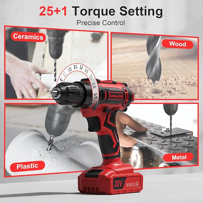 Cordless Drill Set, VIWKO 20V Power Drill with Power Pack 2.0Ah and Charger, 3/8-Inch Keyless Chuck Electricdrill, 25+1 Torque, 42pcs Drilldriver Bits/Screws for DIY Projects (Red)