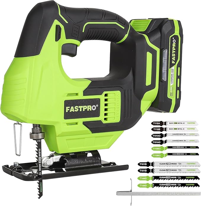 FASTPRO 20V Cordless Jig Saw Kit, Electric Jigsaw with 10pcs Blades & Laser Guide, Included 2.0 Ah Battery, Charger and Edge Guide