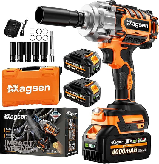 1/2 inch Cordless Impact Wrench, 900Ft-lbs (1200N.m) High Torque Brushless Impact Gun,3800RPM,2x4000mAh Battery, 5 Sockets,LED Light,Electric Impact Motor Variable Speeds for Car/Mower/Pickup