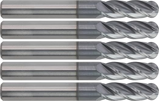 CME 5 pcs Micrograin Carbide End Mills, Ball Nose, TiAlN Coated, 3/8" Mill Diameter, 1 1/8" Length of Cut, 3" Overall Length, 4 Flute, Center Cutting