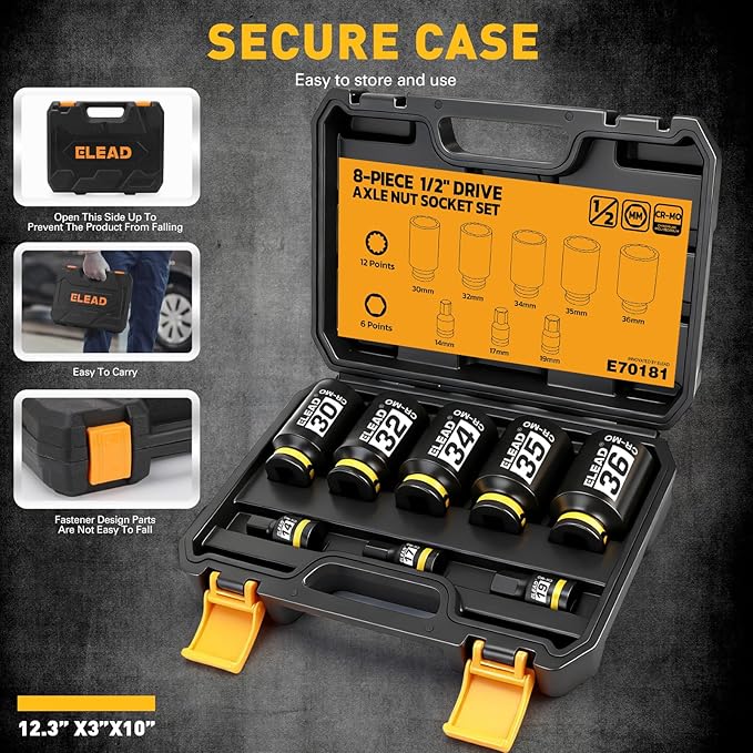1/2" Drive Axle Nut Socket Set, 8-Piece 12-Point Metric Wheel Axle Nut Wrench Large Jumbo 30mm 32mm 34mm 35mm 36mm, Hex Bit Socket 14mm 17mm 19mm, Car Spindle Joint High Torque Truck Bearing Locknut