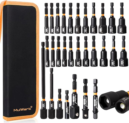 MulWark 29 Piece Magnetic Nut Driver Set, Impact drill socket adapter, SAE, and Metric Nut Driver Set Includes Magnetic Bit Holder, Quick Release Extension with Storage Bag ??Christmas Gift