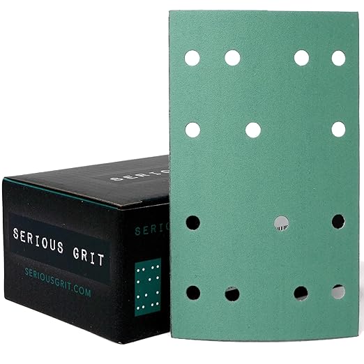 Serious Grit - 3" x 5" (80mm x 133mm) 14-Hole 320 Grit Sanding Sheets - Fits Festool RTS 400 & Mirka Deos 353 - Heavy-Duty Hook & Loop Film Abrasives - Sandpaper for Sheet Sanders - 50 Pack Box