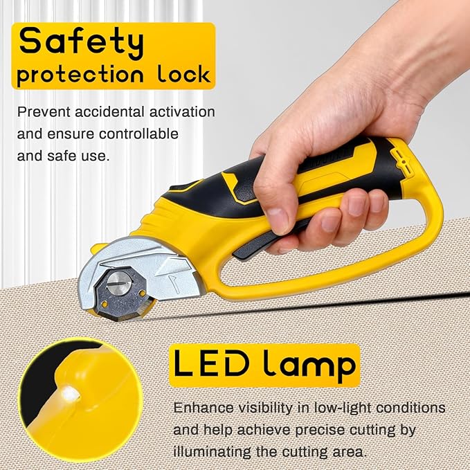 Cordless Electric Scissors with two Blades, 4V Rechargeable Cardboard Box Cutter with LED Light & Safety Lock,Powerful Rotary Cutter tool Cuts Fabric, Cardboard, Leather, Carpet up to 1/4”