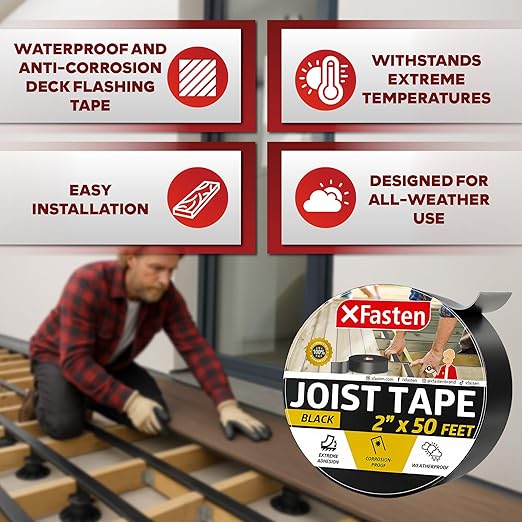 XFasten Butyl Joist Tape for Decking, 2 Inch x 50 Feet (12-Pack, 600ft) ??Waterproof and Anti-Corrosion Deck Flashing Tape for Joists, Weatherproof Butyl Sealant for Deck Protection and Longevity