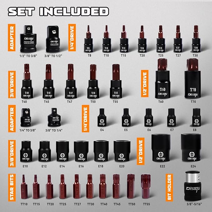 42-Piece Master Torx Bit Socket, CR-V&S2 Alloy Steel, Socket Set T8-T70,E-Torx E4-E24, Bits TT10-TT55, Impact Socket Adapter,High Torque for Automotive Mechanic