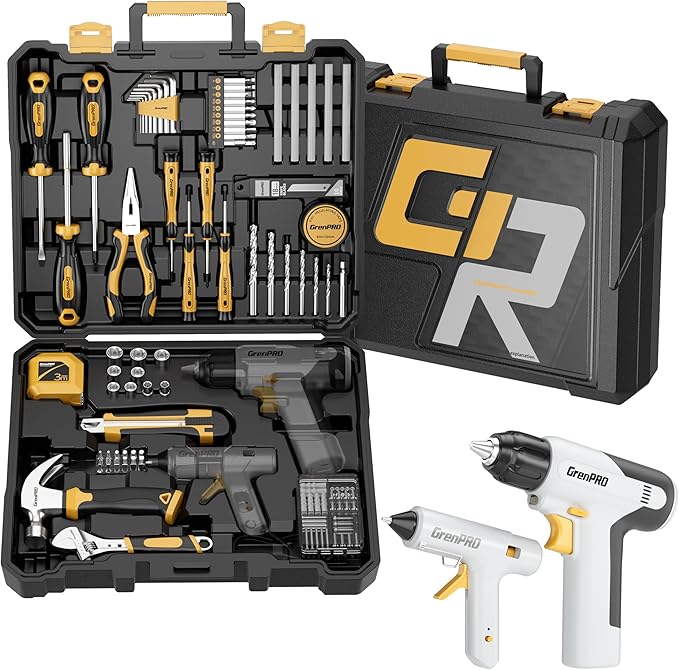 GRENPRO Tool Set Drill Set, 188PCS Tool Kit For Home with Cordless Drill Power, Hand Tool Kit for Women, Basic Household Auto Car Repair Tool Box for Men, Portable Plastic Storage Box Tools Sets